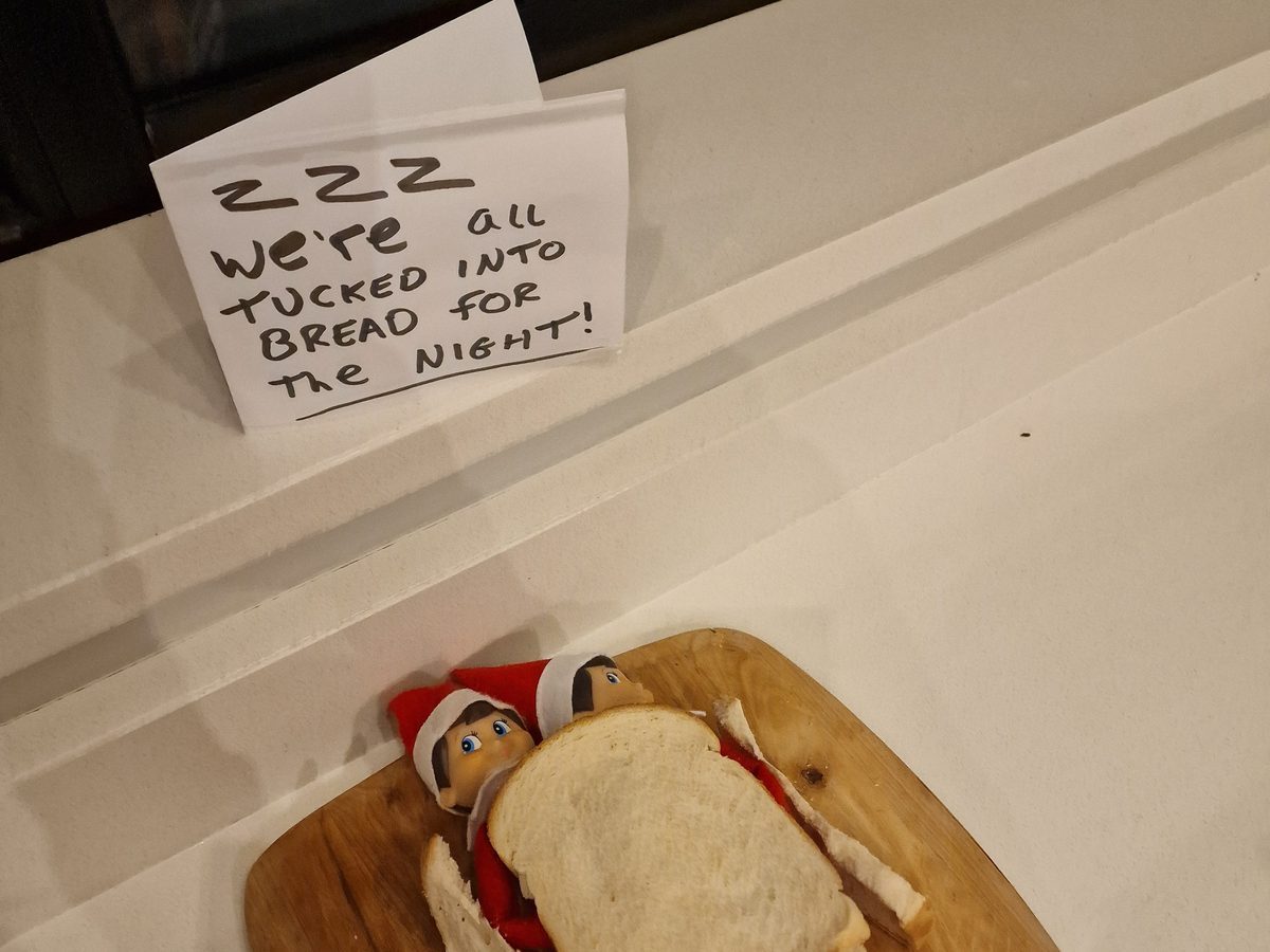 Elf nestled inside loaf of bread with small blanket.