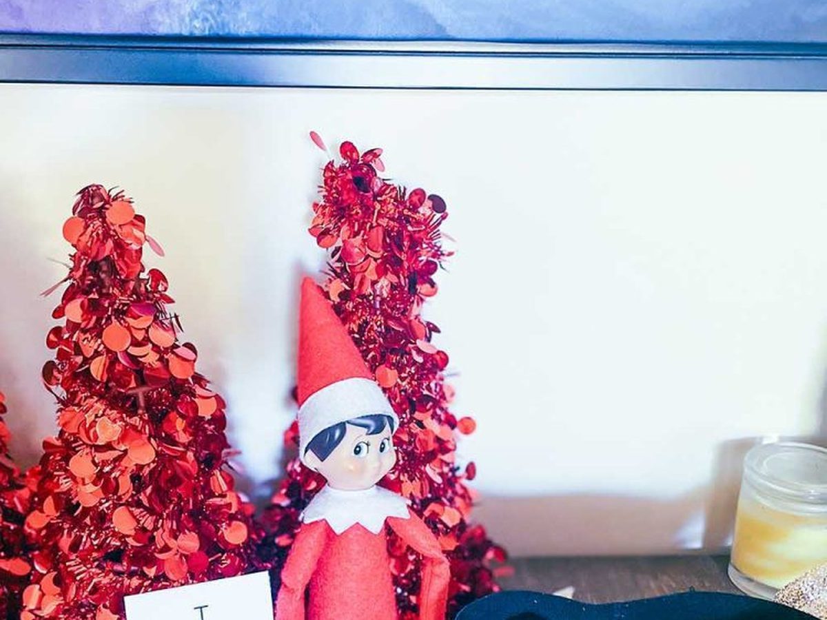 Elf sitting next to frozen peas inside underwear with explanatory sign.