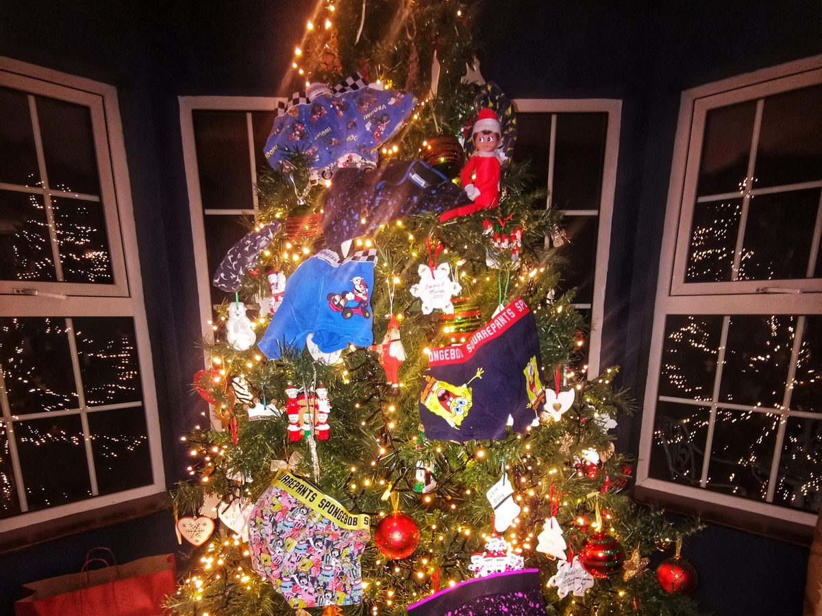 Elf with family underwear clipped to Christmas tree branches.